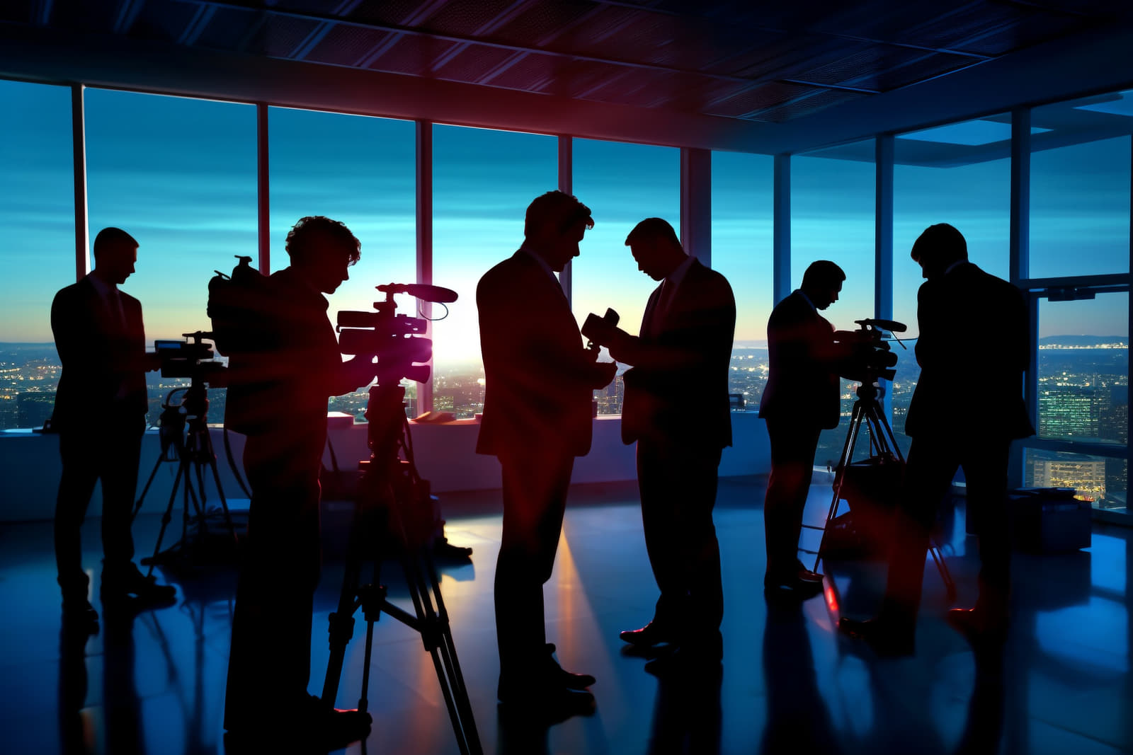 mass-media-concept-set-with-journalists-preparing-news-materials-operators-working-with-camera-interviewer-correspondents-newsroom-media-microphone-camcorder-reporter-generative-ai